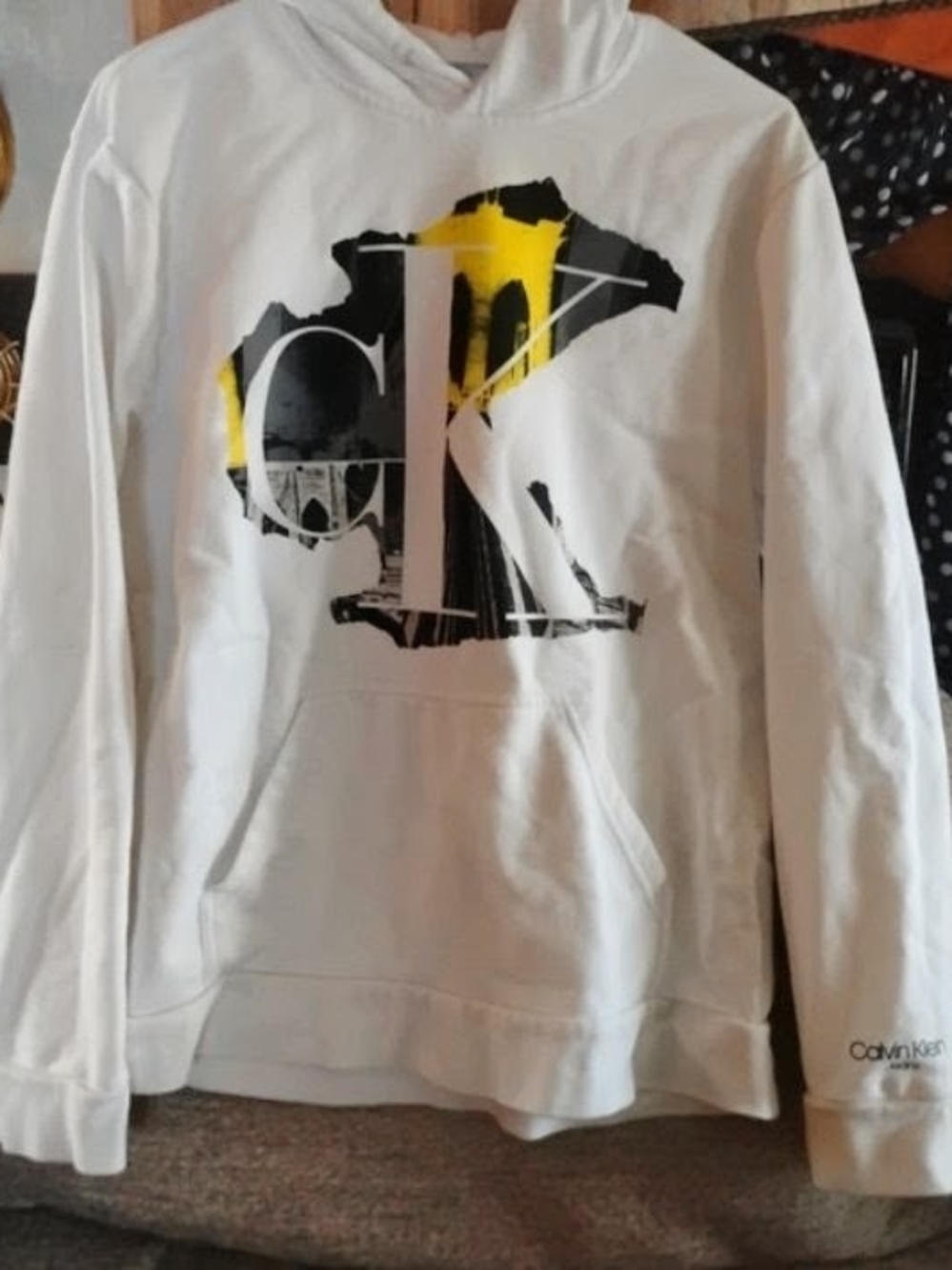 Calvin Klein Women's White Crewneck Hoodie with Black and Yellow Logo